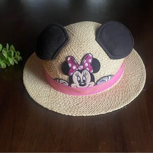 Disney World Kids Minnie Mouse Ears Pink Ribbon Straw Brimmed Hat